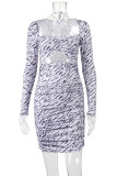 Stripe Fashion Sexy Print Hollowed Out Square Collar Long Sleeve Dresses