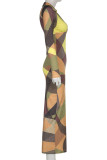 Multicolor Fashion Sexy Print Asymmetrical V Neck Long Sleeve Dresses