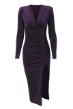 Purple Fashion Sexy Patchwork Slit Bright Silk V Neck Long Sleeve Evening Dress