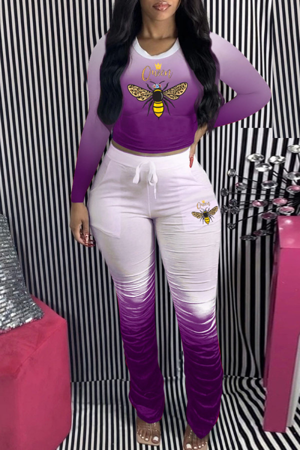 Purple Fashion Casual Gradual Change Print Fold O Neck Long Sleeve Two Pieces