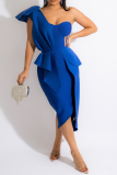 Blue Sexy Solid Flounce One Shoulder Irregular Dress Dresses