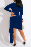 Blue Fashion Sexy Patchwork Solid Hollowed Out See-through Turtleneck Long Sleeve Dresses