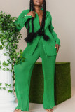 Green Casual Solid Patchwork Turndown Collar Long Sleeve Two Pieces