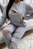 Pink Fashion Casual Solid Patchwork Zipper O Neck Long Sleeve Two Pieces