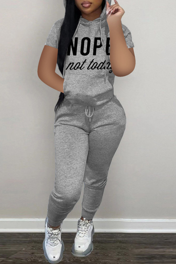 Grey Fashion Casual Letter Print Basic Hooded Collar Long Sleeve Two Pieces