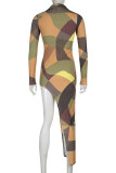 Multicolor Fashion Sexy Print Asymmetrical V Neck Long Sleeve Dresses