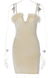 Apricot Sexy Solid Feathers Spaghetti Strap Pencil Skirt Dresses