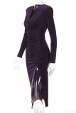Purple Fashion Sexy Patchwork Slit Bright Silk V Neck Long Sleeve Evening Dress