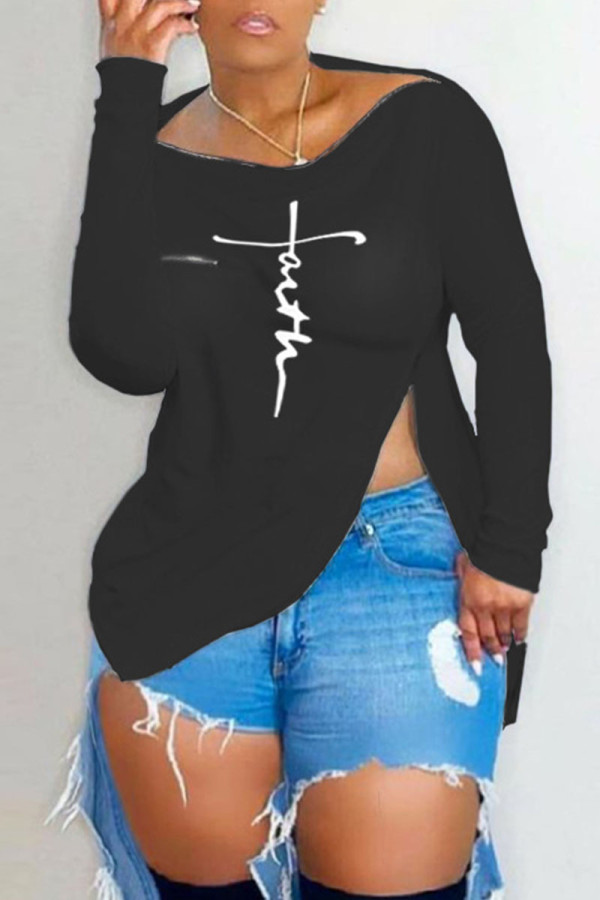 Black Casual Street Print Patchwork Asymmetrical Zipper Off the Shoulder Tops