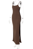 Coffee Sexy Solid Slit Spaghetti Strap Pencil Skirt Dresses
