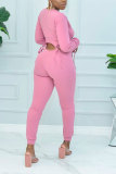 Pink Fashion Sexy Solid Bandage Zipper O Neck Nine Points Sleeve Two Pieces