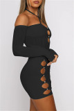 Black Sexy Patchwork Solid Hollowed Out Backless Off the Shoulder Long Sleeve Dresses