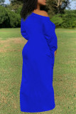 Royal Blue Fashion Casual Solid Bandage O Neck Long Sleeve Dresses
