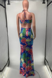 Blue Fashion Sexy Print Bandage Backless Spaghetti Strap Long Dress