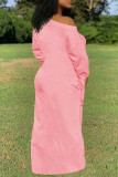 Pink Fashion Casual Solid Bandage O Neck Long Sleeve Dresses