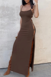 Coffee Sexy Solid Slit Spaghetti Strap Pencil Skirt Dresses