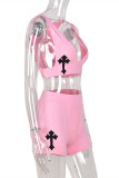 Pink Sexy Casual Print Basic V Neck Sleeveless Two Pieces