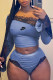 Blue Fashion Sexy Print Patchwork Off the Shoulder Long Sleeve Two Pieces
