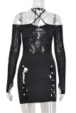 Black Sexy Patchwork Solid Hollowed Out Backless Off the Shoulder Long Sleeve Dresses