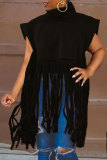 Camel Fashion Vintage Solid Tassel Turtleneck Tops