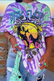 Purple Casual Print Patchwork O Neck T-Shirts