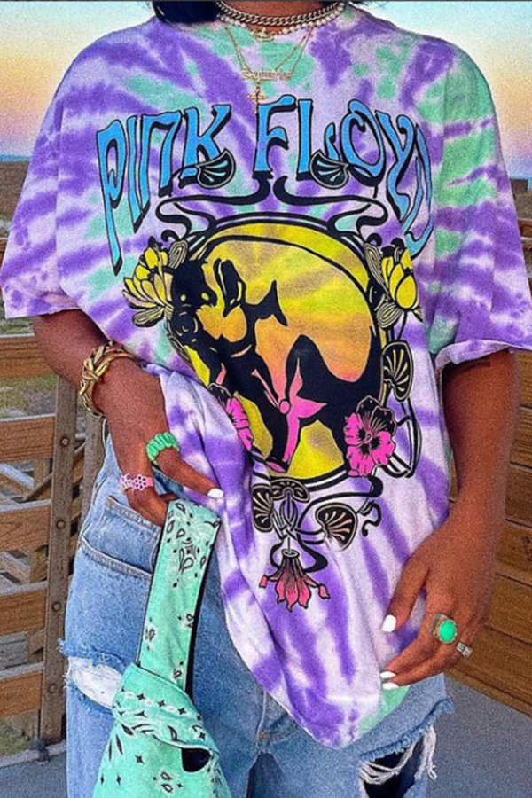 Purple Casual Print Patchwork O Neck T-Shirts