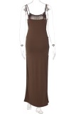 Coffee Sexy Solid Slit Spaghetti Strap Pencil Skirt Dresses