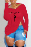 Red Casual Street Print Patchwork Asymmetrical Zipper Off the Shoulder Tops