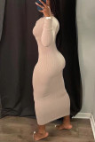 Apricot Fashion Casual Solid Basic V Neck Long Sleeve Dresses