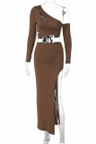 Coffee Sexy Solid Bandage Hollowed Out Backless Oblique Collar Long Sleeve Two Pieces