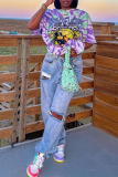 Purple Casual Print Patchwork O Neck T-Shirts