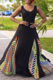 Black Sexy Print Patchwork U Neck Cake Skirt Dresses