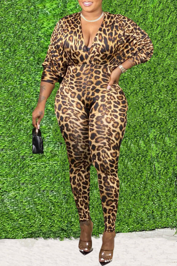 Leopard Print Sexy Patchwork Hollowed Out Regular Jumpsuits
