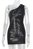 Black Fashion Sexy Patchwork Sequins See-through One Shoulder Sleeveless Dress