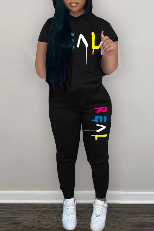 Black Fashion Casual Letter Print Basic Hooded Collar Long Sleeve Two Pieces