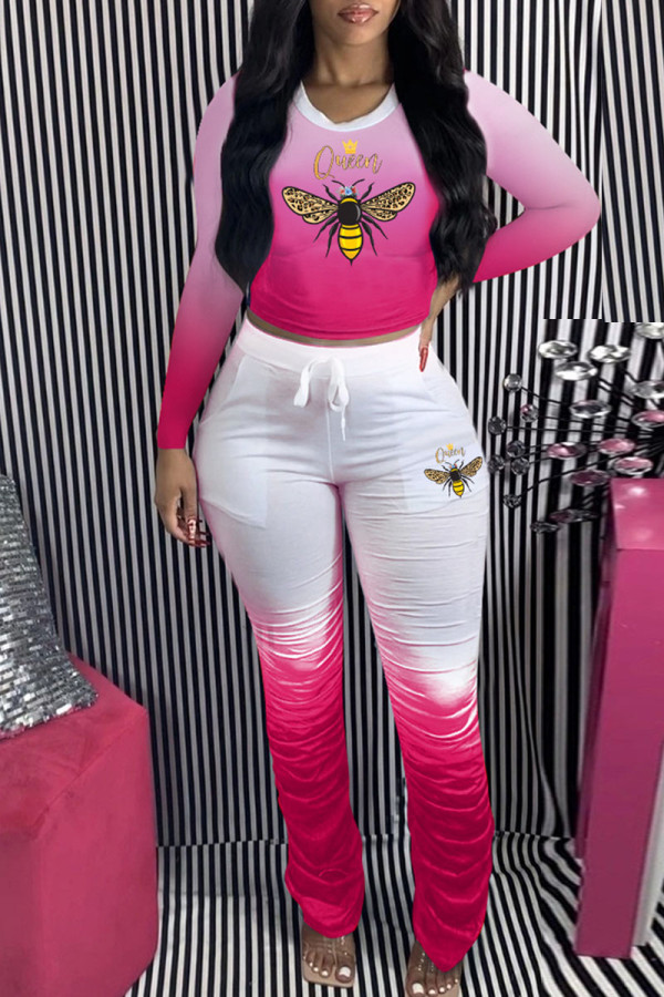 Pink Fashion Casual Gradual Change Print Fold O Neck Long Sleeve Two Pieces