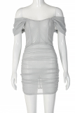 Silver Sexy Solid Mesh Off the Shoulder Pencil Skirt Dresses