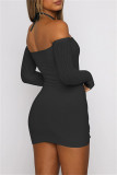 Black Sexy Patchwork Solid Hollowed Out Backless Off the Shoulder Long Sleeve Dresses