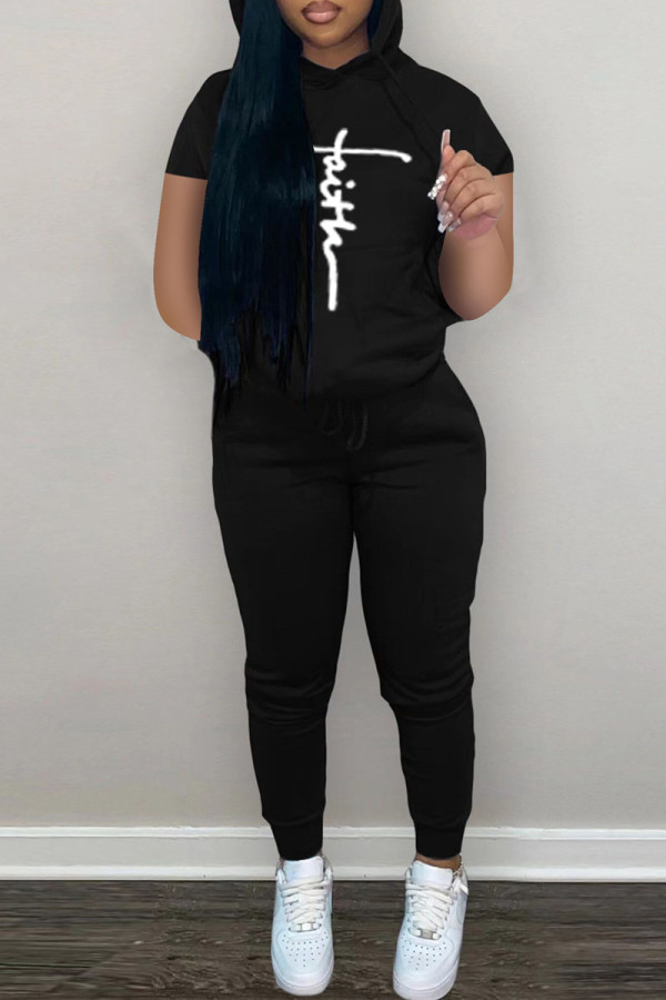 Black Fashion Casual Print Basic Hooded Collar Long Sleeve Two Pieces