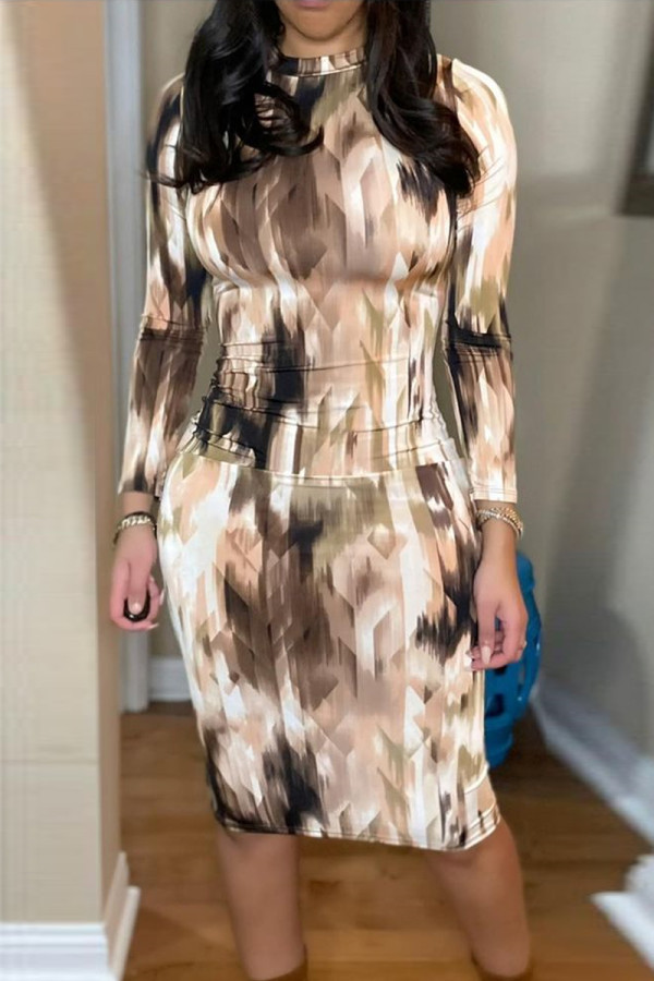 Brown Casual Print Printing O Neck Sheath Dresses