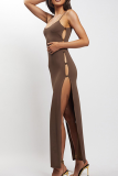 Coffee Sexy Solid Slit Spaghetti Strap Pencil Skirt Dresses