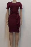 Burgundy Casual Solid Split Joint Flounce O Neck One Step Skirt Dresses