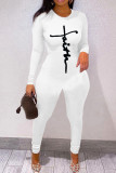 Coffee Fashion Casual Print Basic O Neck Skinny Jumpsuits
