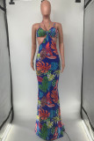 Blue Fashion Sexy Print Bandage Backless Spaghetti Strap Long Dress