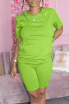 Fluorescent Color Fashion Casual Solid Basic O Neck Short Sleeve Two Pieces