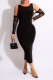 Black Casual Solid Patchwork Slit O Neck One Step Skirt Dresses