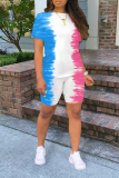 Powder Blue Casual Patchwork Tie-dye O Neck Long Sleeve Two Pieces