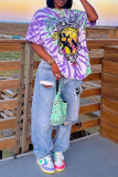 Purple Casual Print Patchwork O Neck T-Shirts