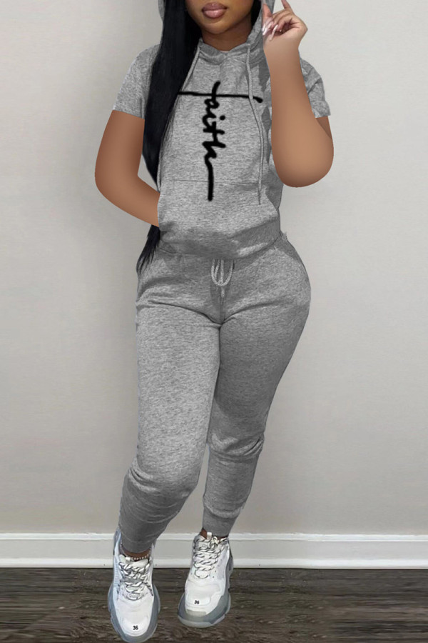 Grey Fashion Casual Print Basic Hooded Collar Long Sleeve Two Pieces