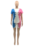 Powder Blue Casual Patchwork Tie-dye O Neck Long Sleeve Two Pieces